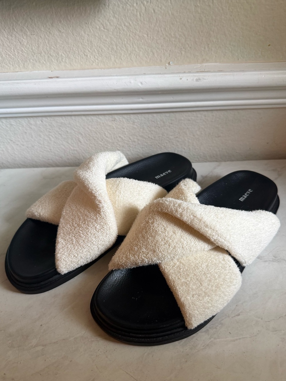 MAEVE Cream Crisscross Terry Cloth Slide Sandals